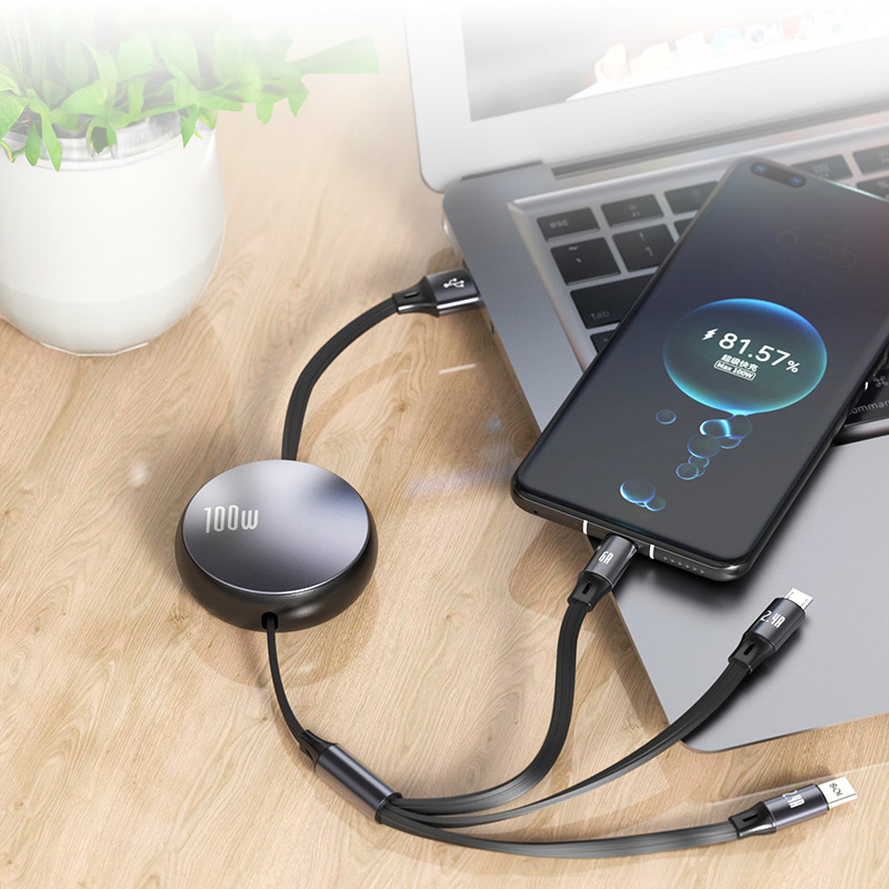 Cáp sạc nhanh 3 trong 1. Chất liệu: Hợp kim nhôm + TPE. In Logo theo yêu cầu. Giá cạnh tranh. Tương thích với 99% các loại thiết bị điện tử trên thị trường