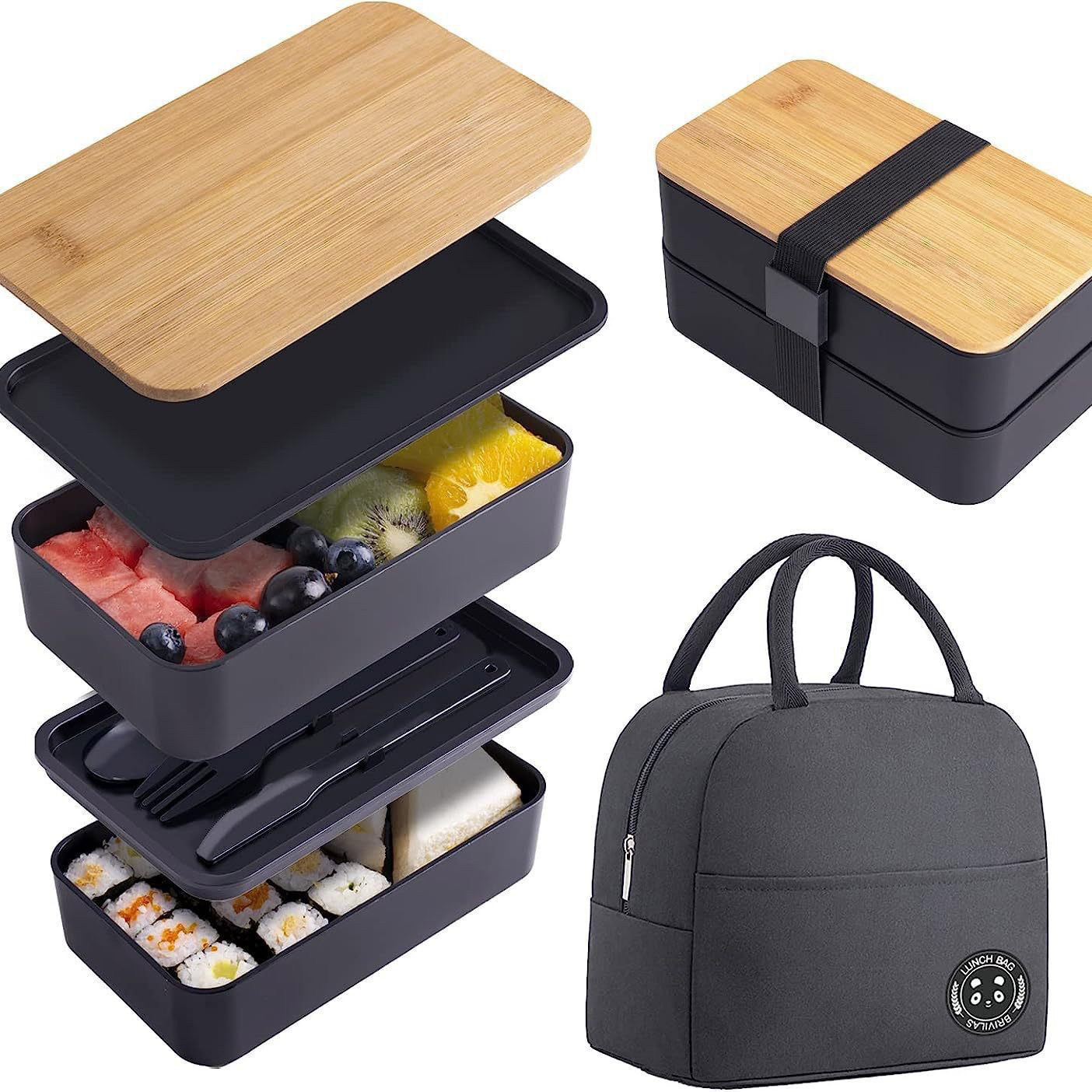 Set hộp đựng cơm trưa nắp tre kèm dao muỗng nĩa