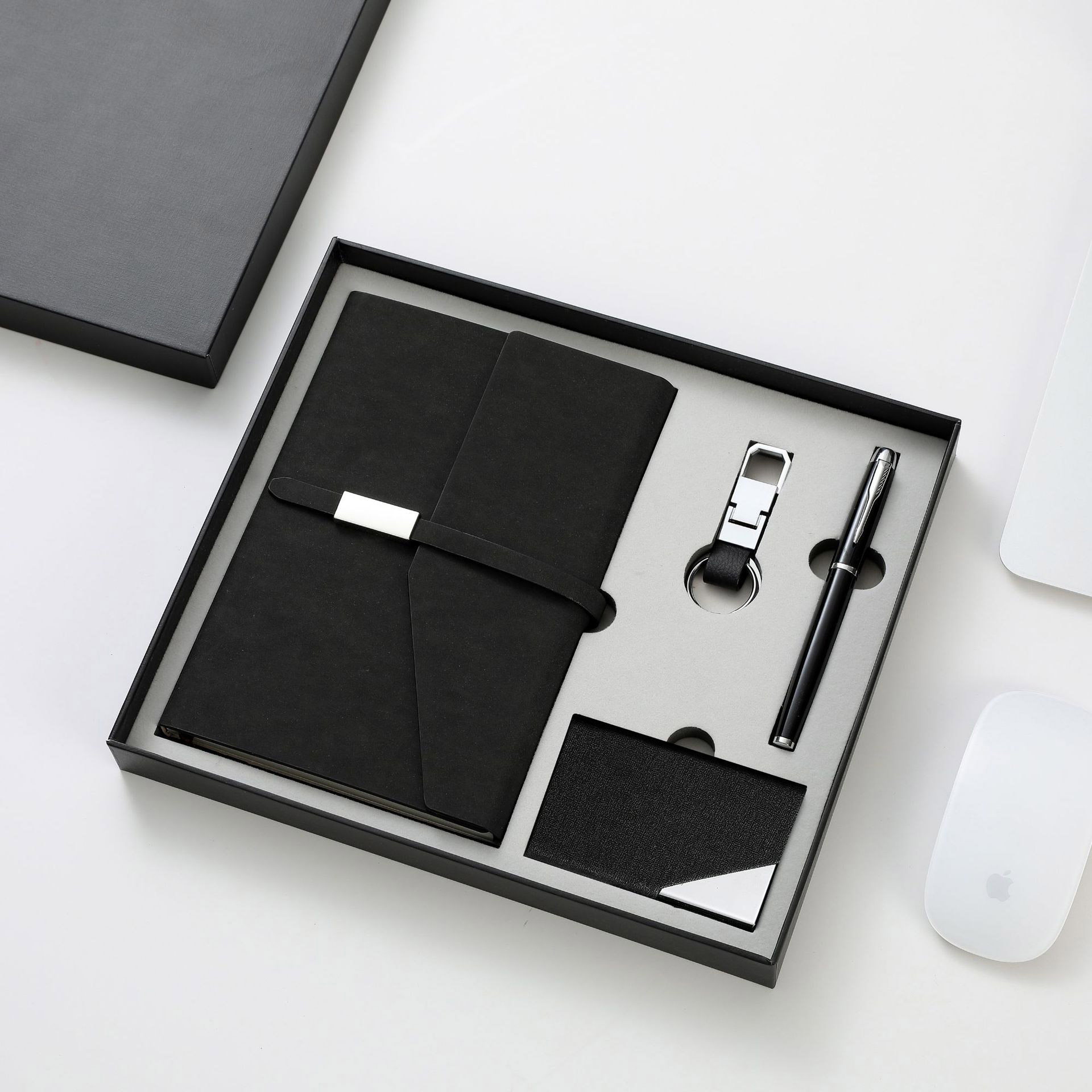 Set quà tặng sổ tay + bút + móc khóc + hộp đựng namecard in logo theo yêu cầu kết hợp các vật phẩm thiết yếu cho mọi công việc văn phòng và kinh doanh