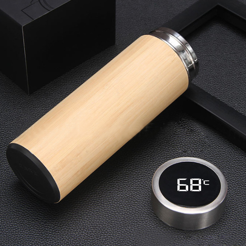 Bình giữ nhiệt vỏ tre thông minh 350ml | 450ml. nắp hiển thị nhiệt độ giúp người dùng dễ dàng kiểm soát nhiệt độ nước. In logo theo yêu cầu
