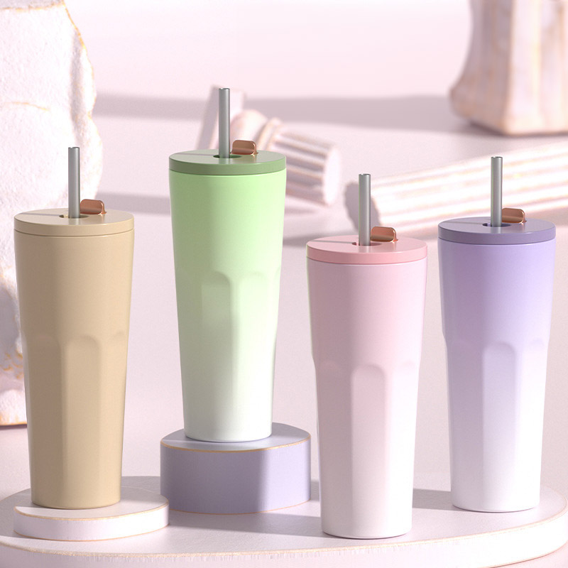 Ly giữ nhiệt cao có ống hút màu pastel