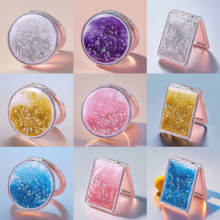 Gương mini 2 mặt kim tuyến nước với 2 mặt gương tiện lợi, gồm 1 mặt thường và 1 mặt phóng đại, hỗ trợ quá trình trang điểm, chỉnh sửa chi tiết dễ dàng hơn.